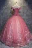 Ball Gown Off-the-Shoulder Watermelon Tulle Sweetheart Cheap Wedding Dresses with Appliques JS271