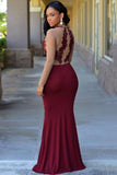 Jersey Scoop Neck Sexy Burgundy Mermaid Long Sleeves Zipper Appliques Prom Dresses JS480