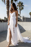 A-line Spaghetti Strap White Lace Chiffon Sweetheart Backless Beach Wedding Dresses JS881