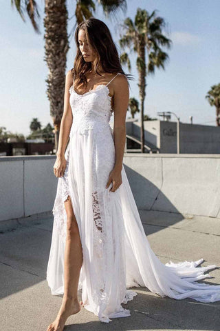 A-line Spaghetti Strap White Lace Chiffon Sweetheart Backless Beach Wedding Dresses JS881