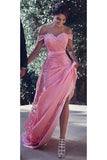 Pink Sheath Off-the-Shoulder Sweep Train Prom Dress with Lace Sash Ruffles JS779