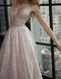 A-Line Deep V-Neck Court Train Open Back Sequined Prom Dress with Beading JS82