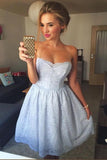 A-Line Sweetheart Knee Length Strapless Sleeveless Blue Lace Homecoming Dress JS802