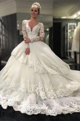 Long Sleeve V-neck Open Back Lace Ball Gown Wedding Dresses Bridal Dresses