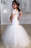 Long Short Sleeves Mermaid Lace Appliques Tulle Flower Girl Dress Wedding Party