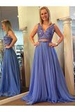 Elegant A Line Two Piece Blue V-Neck Beads Chiffon Evening Prom Dresses JS790