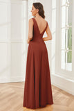 Column V-neck Chiffon Long Bridesmaid Dresses