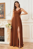 Column V-neck Chiffon Long Bridesmaid Dresses