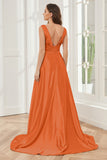 A-line V-neck Sleeveless Soft Satin Long Bridesmaid Dress