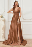 A-line V-neck Sleeveless Soft Satin Long Bridesmaid Dress