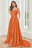 Spaghetti Straps Soft Satin Bridesmaid Dress with Train