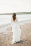 Elegant A Line See Through Long Sleeve Lace Appliques Ivory Beach Wedding Dresses JS873