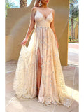 A-Line Glittering Prom Dress V Neck Sleeveless Sweep Train