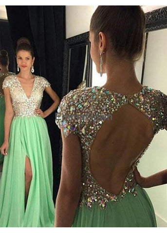 Green Beads Green prom dresses Open back prom dresses