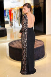 Sexy Black Mermaid Lace Long Sleeve High Neck Floor-Length Backless Plus Size Prom Dresses JS222