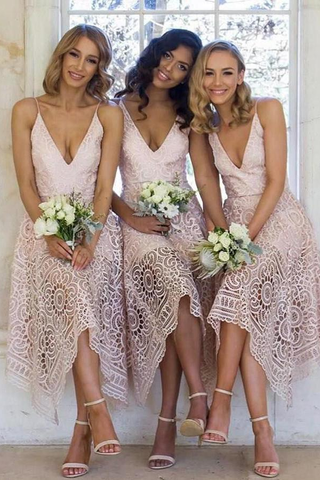 Simple A Line Red Deep V Neck Spaghetti Straps Asymmetrical Lace Bridesmaid Dresses