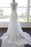 A-line Spaghetti Strap White Lace Chiffon Sweetheart Backless Beach Wedding Dresses JS881