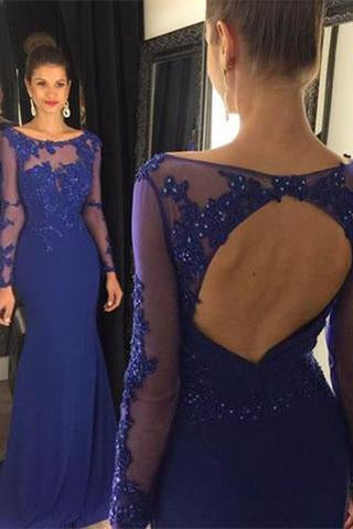 Open Back Long Sleeve Scoop Royal Blue Mermaid Floor-Length Beads Sexy Prom Dresses JS40