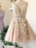 Short V Neck Beaded Ivory Tulle Prom Dresses Homecoming Dresses Lace Embroidery JS754