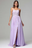 Lilac Spaghetti Straps Lace Appliques Wedding Guest Dresses