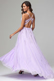 Lilac Spaghetti Straps Lace Appliques Long Prom Dress