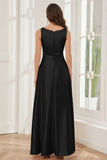 A-line Sleeveless Satin Long Bridesmaid Dresses with Pockets