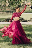 Elegant A Line Two Piece Burgundy Long Sleeve Beads Organza Open Back Long Prom Dresses JS24