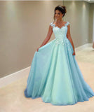 Green tulle lace round neck A-line long prom dresses with straps