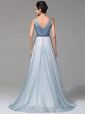 A-line V-neck Floor-length Tulle with Beading Prom Dresses Evening Dresses JS550