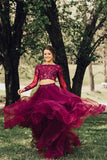 Elegant A Line Two Piece Burgundy Long Sleeve Beads Organza Open Back Long Prom Dresses JS24