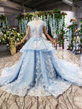 Princess Light Blue Ball Gown Cap Sleeve Prom Dresses with 3D Flowers Quinceanera Dress P1133