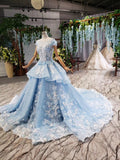 Princess Light Blue Ball Gown Cap Sleeve Prom Dresses with 3D Flowers Quinceanera Dress P1133