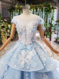 Princess Light Blue Ball Gown Cap Sleeve Prom Dresses with 3D Flowers Quinceanera Dress P1133