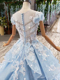 Princess Light Blue Ball Gown Cap Sleeve Prom Dresses with 3D Flowers Quinceanera Dress P1133