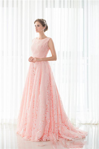 Pink lace round neck A-line long prom dresses for teens graduation dresses