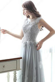 Modest Scoop Neck Tulle Pearl Detailing Lace-up Floor-length Sleeveless Prom Dresses JS632