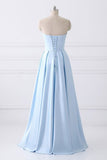 A-Line Blue Simple Satin Strapless Beaded Pockets Lace Up Back Long Sleeveless Prom Dresses UK JS309