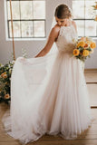 A-Line Round Neck Ivory Sweep Train Tulle Halter Wedding Dress with Lace UK JS786