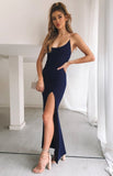 Mermaid Spaghetti Straps V Neck Side Slit Black Prom Dresses Long Simple Formal Dress