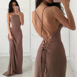 Open Back Chiffon Spaghetti Straps Criss Cross Spandex Mermaid Long Prom Dresses JS51