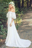 A Line Off the Shoulder Bohemian Lace Chiffon Ivory Summer Beach Wedding Dresses JS712