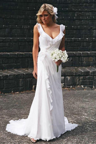 Elegant Sheath V Neck Chiffon Ruffles Sleeveless Open Back Wedding Dresses uk PW271