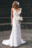 Elegant Sheath V Neck Chiffon Ruffles Sleeveless Open Back Wedding Dresses JS271