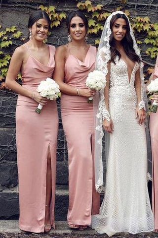 Sexy Mermaid Slit Backless Bridesmaid Dress Long Spaghetti Straps Bridesmaid Dress JS916