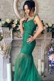 Gorgeous Green Mermaid V-Neck Lace Applique Sequins Beaded Tulle Prom Dresses JS131