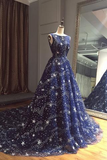 Chic Ball Gown Dark Navy Scoop Sweep Train Tulle Modest Rhinestone Long Prom Dresses JS210