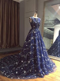 Chic Ball Gown Dark Navy Scoop Sweep Train Tulle Modest Rhinestone Long Prom Dresses JS210