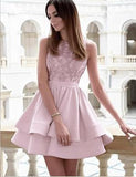 Pretty Bateau Short Blush Pink Scoop Satin Lace Appliques Homecoming Dresses JS16