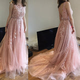 Charming Pink Lace Tulle Long A-line Open Back Elegant Little Train Wedding Dresses JS624