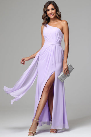 One Shoulder Chiffon Long Dresses with Slit for Wedding Guest